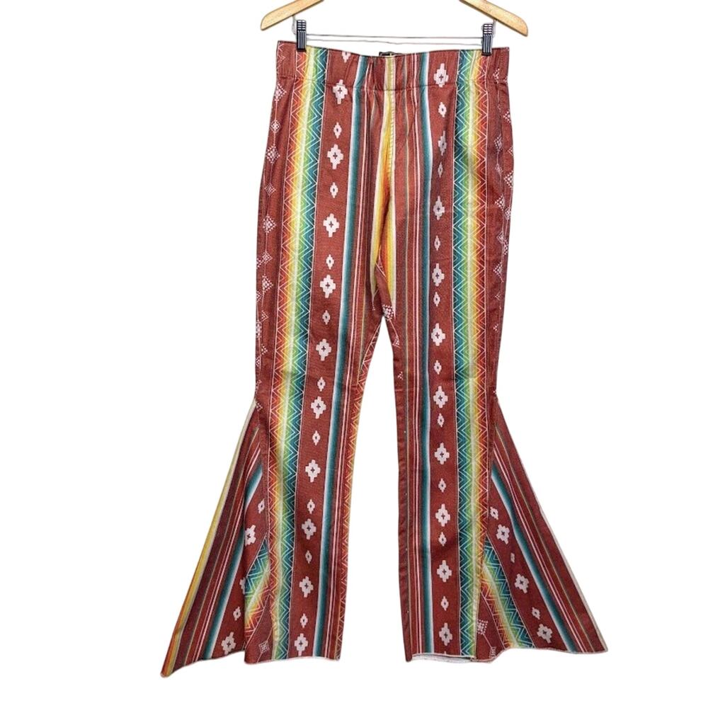 L&B Aztec Jeans Red Bell Bottom Serape Western Festival Flare Boho Hippie Pant L